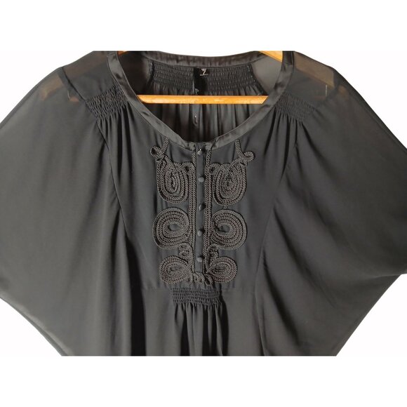 Bellatrix Black Sheer Embroidered Boho Blouse Size L Button Detail Flowy Boho - Picture 4 of 13